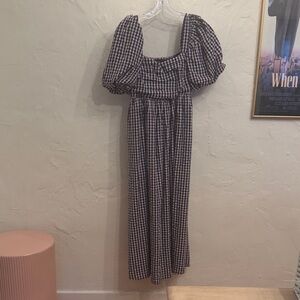 Nobody’s Child Gingham Puff-Sleeve Maxi Dress in Navy and White